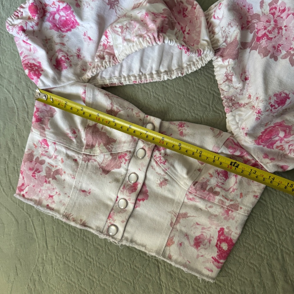 For Love & Lemons Pink Floral Corduroy Puff Sleeve Crop Top XS - Picture 8 of 10